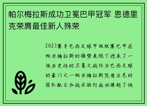 帕尔梅拉斯成功卫冕巴甲冠军 恩德里克荣膺最佳新人殊荣